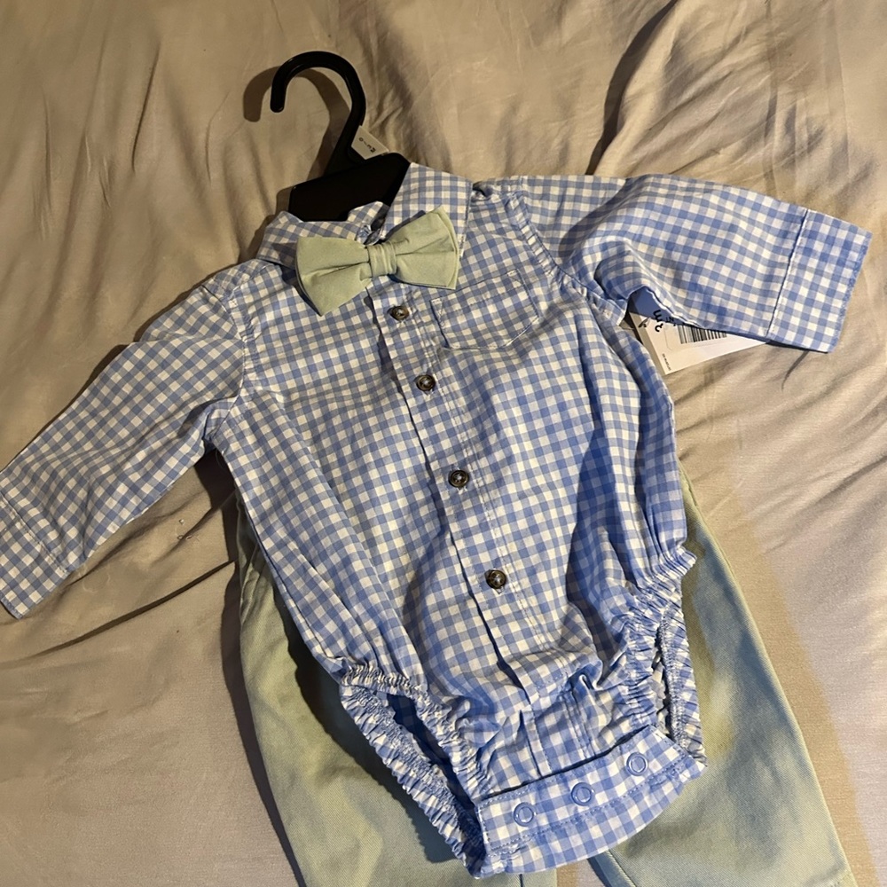 Blue Gingham Baby Button-Up Romper with Mint Bow Tie